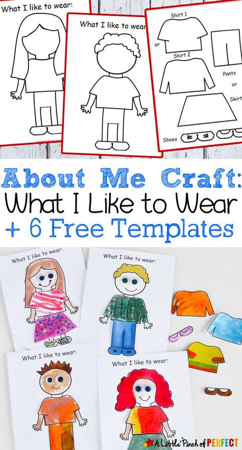 About Me: What I Like to Wear Craft and Free Template for Back to School. Kids can decorate 1 of 4 templates in their favorite clothes to display their personal style for all to see and get to know them. #firstdayeveryday #ad @kohls @carters (Back to School, Clothes, Preschool, Kindergarten, Free Printable) First Month Of School Activities Preschool, Getting To Know You Preschool Theme, Clothing Songs Preschool, My Body Art And Craft Kindergarten, Clothes Project For Kids, I Am Special Activities, Get To Know Me Crafts For Kids, Back To School Ideas For Preschoolers, About Me Crafts Preschool