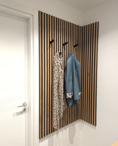 Wooden slat wall, wall panels & acoustic panels » WoodUpp Wooden Panelling Walls Hallways, Slat Wall With Hooks, Akupanel Wall, Hallway Coat Hanger, Wooden Slat Wall, Hallway Makeover, Wooden Coat Hangers, Mudroom Bench Plans, Home Hall Design