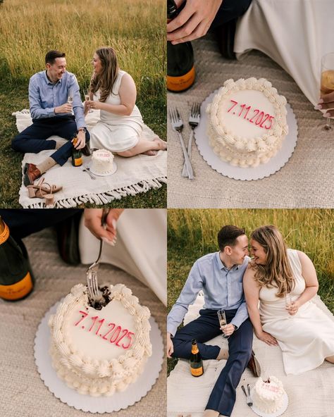 Who needs to wait for wedding cake?! The celebration starts NOW. Natalie & David having a cake & champagne picnic. 🤍🤍 . #cake #weddingcake #letthemeatcake #njengagement #njengagementphotographer #newjerseyengaged #njbride #njwedding #njweddingphotographer #newjerseyweddingphotographer #thefoxandthehare #ringwoodnj Engagement Cake Photos, Engagement Pictures With Cake, Anniversary Cake Photoshoot, Engagement Photos Cake, Cake Engagement Photos, Engagement Photos With Cake, Save The Date Cake, Champagne Picnic, Courthouse Wedding Ideas