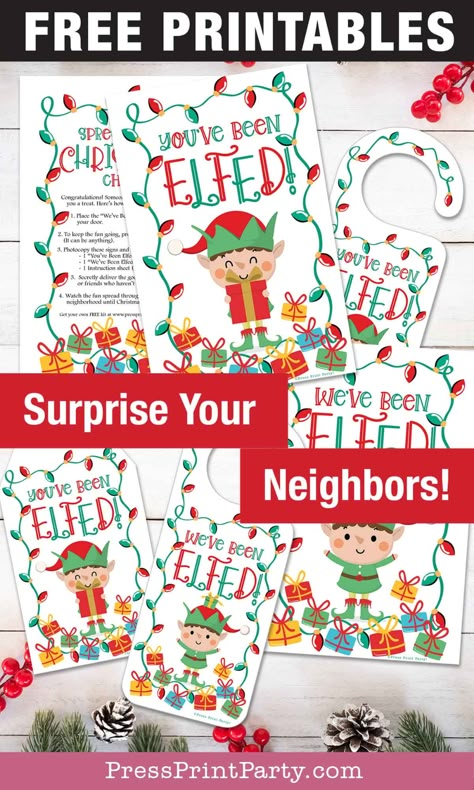 Elfed Neighbors Gifts Ideas, Elf Your Neighbor Ideas, You've Been Elfed Ideas, You've Been Jingled, Best Family Christmas Movies, Fun Activities With Friends, You've Been Elfed, Christmas Printables For Kids, Free Christmas Tags