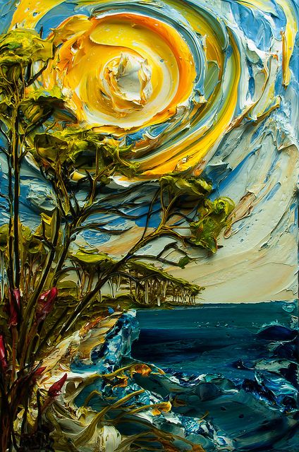 Canvas work by Justin Gaffrey Studio. Love the rich texture, the intense sun, water colours that make this a beautiful Muskoka painting Texture!! Peisaj Abstract, Paintings Easy, Sky Sea, Impasto Painting, Wow Art, Arte Fantasy, Design Diy, Starry Sky, Art Abstrait