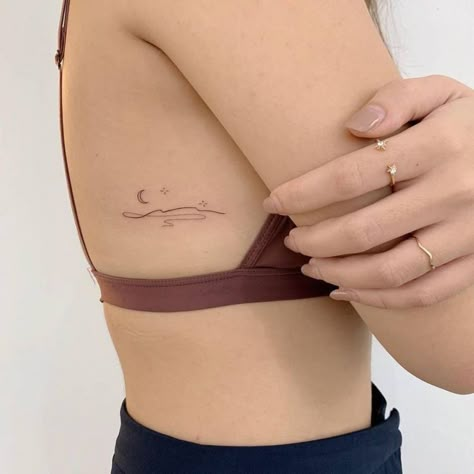 Below Rib Tattoo, Small Rib Tattoo Placements, Rib Moon Tattoos For Women, Rib Tattoo Minimalist, Rib Moon Tattoo, Small Flowy Tattoo, Cute Spots For Small Tattoos, I Was Not Born To Drown Tattoo, Small Tattoo Ribs