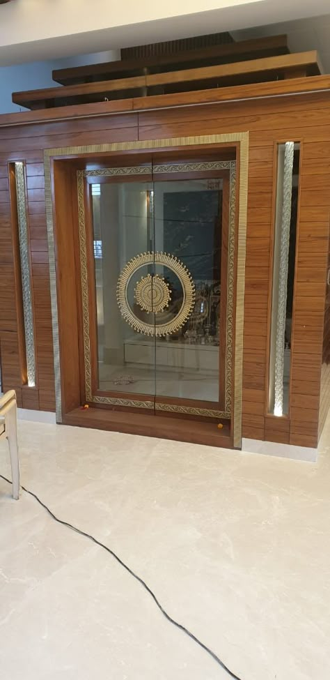 Pooja Room Top Glass Design, God Room Door Designs Hindu, Wood Pooja Room Design, Pooja Room Teak Wood Double Door Design, Devara Mane Design, Pooja Room With Glass Door, Pooja Door Glass Design, Pooja Room Door Design Glass And Wood, Glass Pooja Room Door