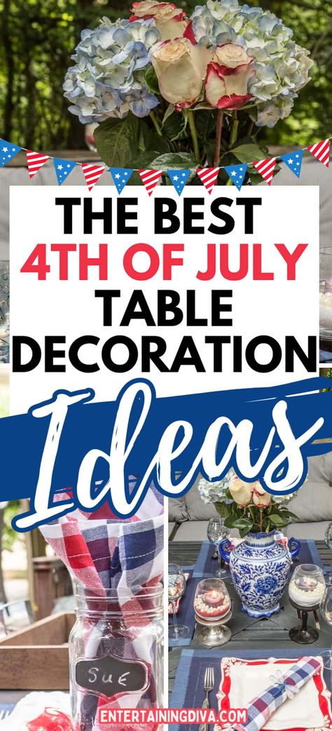 Easy Patriotic 4th of July Table Decorations | Table Settings Patriotic Centerpieces Table Decorations, White And Blue Table Decor, Black Table Setting, Table Setting Spring, Blue Table Decorations, Blue Table Decor, Blue And White Tablescapes, Memorial Day Crafts, Patriotic Table Decor