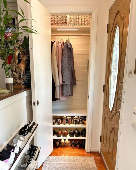 12 Reach-In Closet Ideas for a Stylish Upgrade Cost Closet, Entry Coat Closet, Coat Closet Design, Front Door Closet, Front Entry Closet, Dressing Room Walk In Closet, Small Entry Closet, Closet Decor Ideas, Entry Closet Makeover