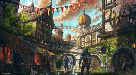 Medieval Towns, Concept Art Landscape, Fantasy Village, Fantasy Locations, Fantasy Town, Fantasy Background, Medieval World, Fantasy Worlds, Fantasy Concept