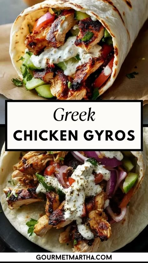 Chicken Pita Bread Wraps, Greek Chicken Pitas Recipes, Easy Chicken Gyro Recipe, Mediterranean Chicken Gyro, Gyros Pita Recipe, Healthy Gyros Chicken, Pita And Chicken Recipes, Authentic Chicken Gyro Recipe, Less Meat Meals