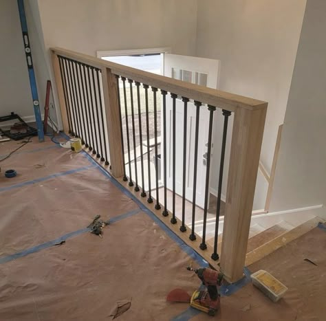 Replace Half Wall With Railing, Stair Railing Ideas Half Walls, Interior Stair Railing Ideas, Banister Remodel, Entryway Remodel, Indoor Stair Railing, Stair Railing Makeover, Diy Stair Railing, Loft Railing