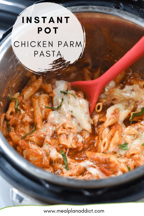 Instant Pot Chicken Parm Pasta has all yum factor of regular chicken parm, but this version is only one pot and 4 minute pressure time! #instantpot #instantpotpasta #chickenparm #mealplanaddict Instant Pot Italian Chicken Pasta, Instant Pot Recipes Easy Dinners Chicken, Potluck Chicken Recipes Crock Pots, Instant Pot Chicken Pasta Recipes Easy, Instant Pot Italian Recipes, Quick Instant Pot Recipes, Chicken Parm Pasta, Instant Pot Pasta Recipes, Parm Pasta