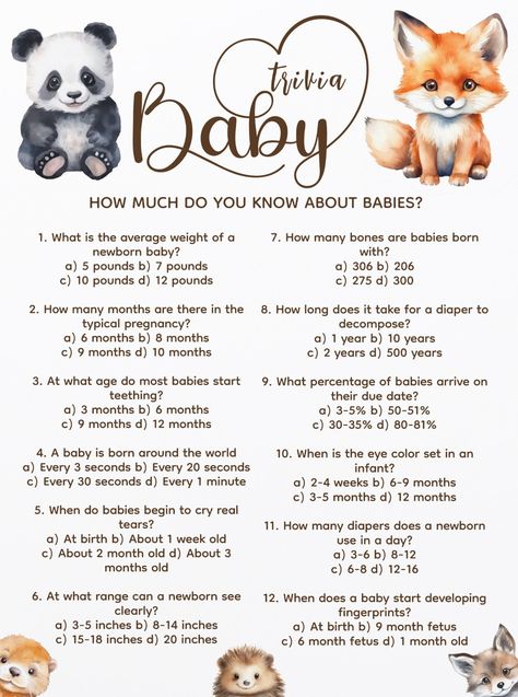 Baby Shower Trivia Game Cards Baby Jepordy Questions And Answers, Baby Trivia Questions And Answers, Twin Trivia Baby Shower Game, Baby Shower Trivia Game, Baby Trivia Game, Baby Shower Trivia, Woodland Theme Baby Showef Games, Animal Baby Shower Games, Baby Trivia