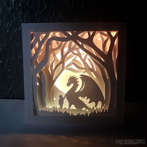 Light Box Dragon in the Forest | Paperzone VN Dragon Shadow, Shadow Box Kunst, Lightbox Art, Light Box Diy, Shadow Light Box, Shadow Box Svg, 3d Paper Art, Deep Box Frames, Layered Art