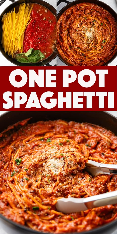 One Pot Spaghetti and Meat Sauce - a quick weeknight version of classic homemade spaghetti that is made in one pot and tastes like it's been cooking all day! Quick Spaghetti Meat Sauce, Best One Pot Spaghetti Recipe, Spaghetti Cooked In Sauce, One Pot Creamy Spaghetti, Spaghetti Recipes One Pot, Pan Spaghetti Recipes, Best Spaghetti Recipe With Jar Sauce, Easy Spaghetti Noodle Recipes, Instant Pot Spaghetti Recipes