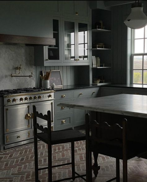 Dark And Moody Interiors, Blue Cabinet, Dark Paint Colors, Light And Dwell, Moody Interiors, Eclectic Kitchen, Colored Ceiling, Kitchen Details, Kitchen White