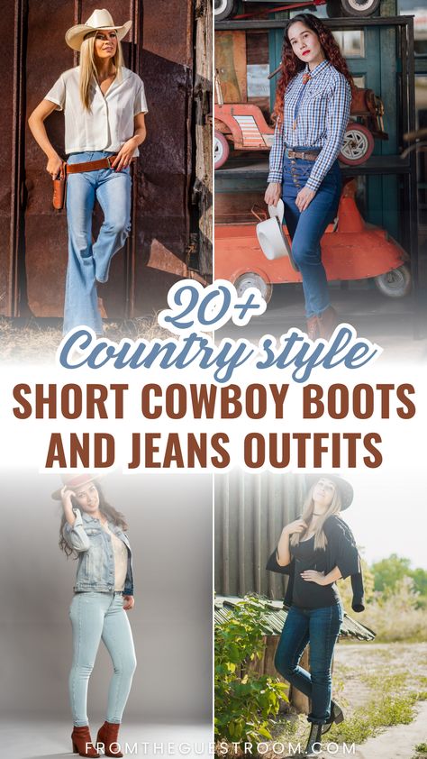 women wear short cowboy boots with jeans for country style, western outfits Outfits With Short Cowgirl Boots, Short Cowboy Boots Outfit Jeans, Cowboy Boots With Jeans Women, Ariat Bootie Outfits, Black Cowboy Boots Outfit Jeans, Cowboy Jeans Outfit, Cowboy Boots And Jeans Outfit For Women, Cowboy Boots Women Outfits Jeans, Womens Cowboy Boots Outfits