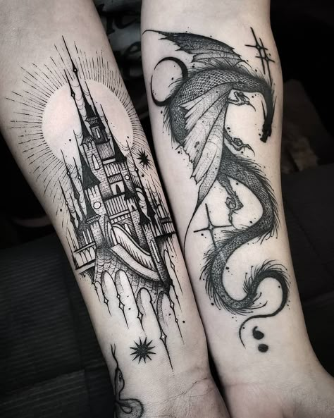 Out of Step Books & Gallery on Instagram: “#Castle and #dragon #tattoos by @thomasetattoos who is always killing it with the outstanding #blackwork #tattoos that he creates! Visit…” Thestral Tattoo, Shin Tattoo, Castle Tattoo, Fantasy Tattoos, Halloween Tattoo, Dragon Tattoo Designs, Halloween Tattoos, Grey Tattoo, Tattoo Life