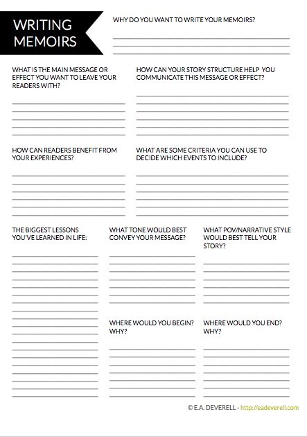 Creative Writer Worksheet – Writing Memoirs (PDF) This week’s worksheet is for the memoirists among us – those writers whose lives are their masterpiece. Or is that every one of us, after all? “How vain it is to sit down to write when you have not stood up to live” – Henry David Thoreau. Related Memoir Writing Template, Writing Your Personal History, How To Write A Memoir Outline, Writing A Memoir Outline, How To Write A Memoir, Autobiography Outline, Memoir Outline, Memoir Writing Prompts, Writing Memoirs