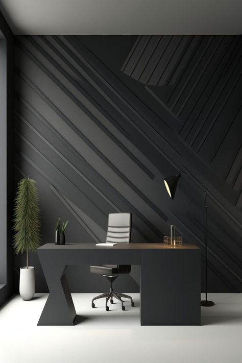 A contemporary office with dark furniture and a striking dark geometric accent wall for a bold and sophisticated look. Modern Office Design Workspaces, Bold Office, Dark Accent Wall, Office Feature Wall, Room Ideas Wall Decor, Aesthetic Wall Paint, Wall Decor Living Room Ideas, Small Office Design Interior, Painting Ideas Wall