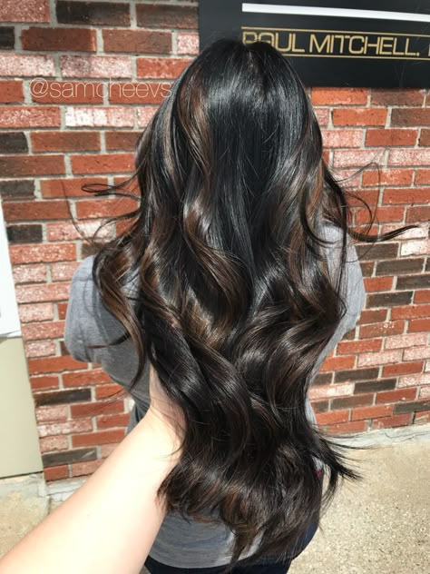 Natural Brown Highlights, Black Hair Types, Color For Black Hair, Black Hair Balayage, Jet Black Hair, Black Hair With Highlights, Human Hair Color, Long Dark Hair, Hair With Highlights