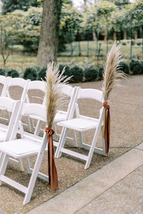 Outside Fall Wedding Ceremony Aisle Decorations, Decorating The Isle Wedding Ideas, Pampas Pew Ends, Outdoor Wedding Ideas Isle, Wedding Ceremony Ideas Boho, Outdoor Wedding Boho Decor, Pampas Down The Aisle, Rustic Boho Aisle Decor, Terracotta And Greenery Wedding Decor