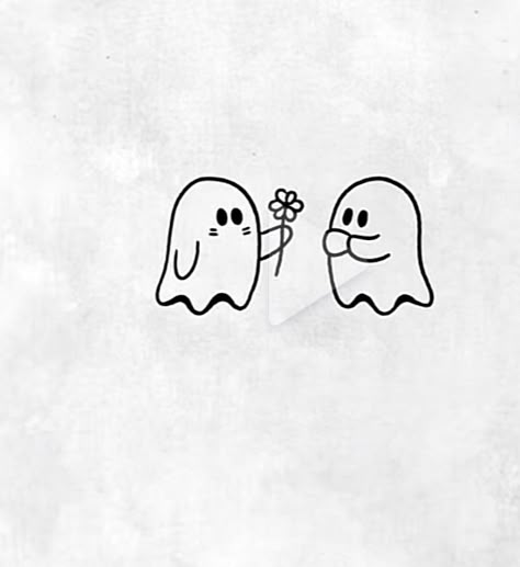 Cute Ghost Doodle Art, Cute Soul Drawing, Ghost Love Drawing, Ghost Lovers Drawing, Cute Boyfriend Doodles, Ghost With Flowers Drawing, Ghost Drawing Cute Easy, Cute Ghost Couple Drawing, Ghosts Holding Hands Tattoo