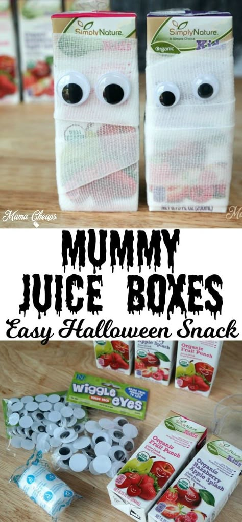 Mummy Juice Boxes | Easy Halloween Snack - Mama Cheaps® Halloween Juice Box, Festa Hotel Transylvania, Kindergarten Halloween Party, Preschool Halloween Party, Halloween Toddler Party, Halloween Juice, Kindergarten Halloween, Halloween School Treats, Easy Halloween Snacks