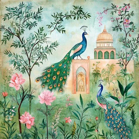 Chinoiserie Patterns, Bottle Paint, Illustration Traditional, Indian Contemporary Art, Chinese Illustration, Flower Garland Wedding, Decor Paintings, Peacock Painting, Wedding Illustration