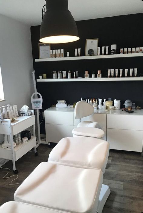 Beautition Salon, Facial Machine Salon Equipment, Dream Esthetician Room, Spa Decor Ideas Estheticians Luxe, Black Accent Wall Lash Room, Esthetician Room Decor Modern, Pmu Work Station, Esthetician Shelves, Microblading Salon Decor