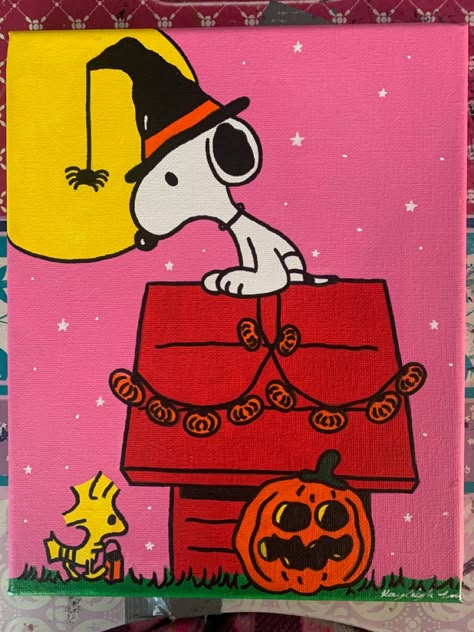 Spooky Art Canvas, Horror Themed Artwork, Cute Easy Fall Paintings On Canvas, Halloween Painting Snoopy, Halloween Small Paintings, Painting Inspo Halloween, What To Paint Halloween, Halloween Paintings Acrylic, Charlie Brown Halloween Painting