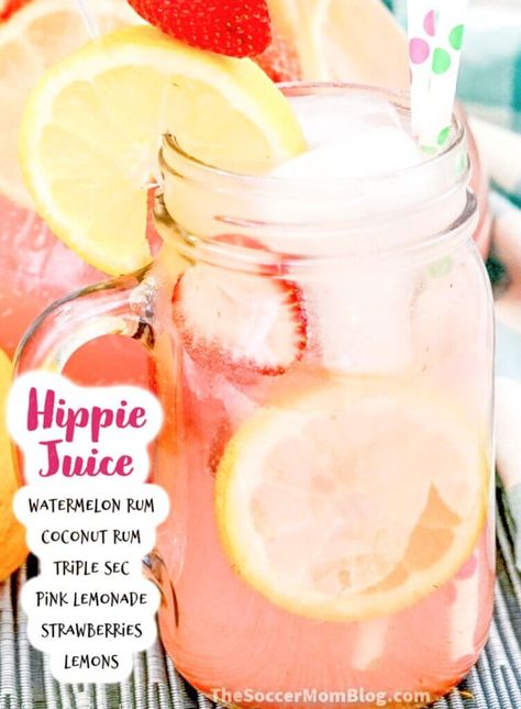 hippie juice in mason jar with ingredients listed Hippie Juice Recipe Gallon, Hippie Juice Recipe, Pink Lemonade Punch, Fruity Cocktail Recipes, Hippie Juice, Coconut Rum Drinks, Watermelon Syrup, Sugar Free Lemonade, Lemon Vodka