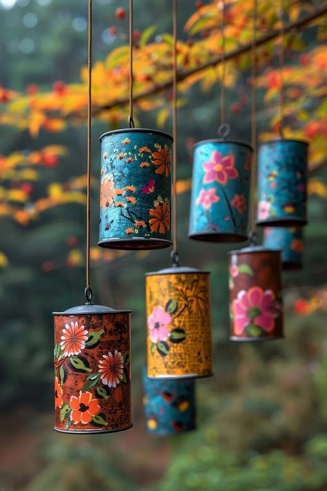 Outdoor Improvements Diy, Tin Can Mobile, Repurpose Garden Ideas, Trail Decorating Ideas, Whimsical Crafts Diy Projects, Balcony Outdoor Ideas, Upcycled Yard Art, Whimsical Yard Ideas, Recycle Garden Ideas