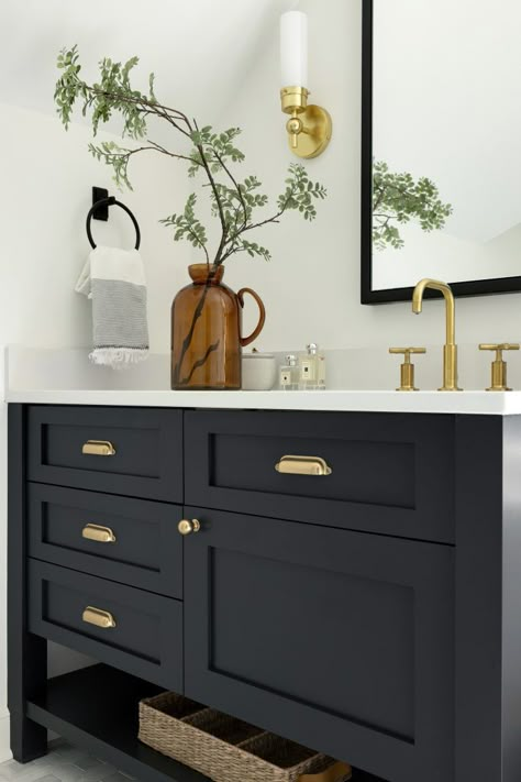 5 Bathroom Vanities For Your Next Renovation | Jkath Design Build + Reinvent Bathroom Dark Blue Cabinets, Vanity Top Storage Ideas, Dark Bathroom Sink Cabinet, Painted Sink Vanity, Bathroom Dark Blue Vanity, Bathroom Hardware Black, Midnight Blue Bathroom Vanity, Dark Painted Bathroom Cabinets, Dark Blue Vanity Bathroom Ideas