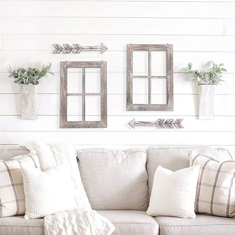 Window Frame Wall Decor, Rustic Window Frame, Window Frame Decor, Fake Window, Wood Window, Rustic Window, Farmhouse Interior, Farmhouse Decor Living Room, Window Pane