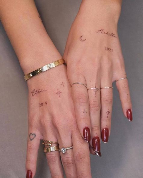 Names "Ethan" and "Achille" lettering tattoo located on Small Name Tattoo, Word Names, Name Tattoo On Hand, Tattoo Name Fonts, Baby Name Tattoos, Tattoos Fonts, Fonts For Tattoos, Lettering Tattoo, Red Ink Tattoos