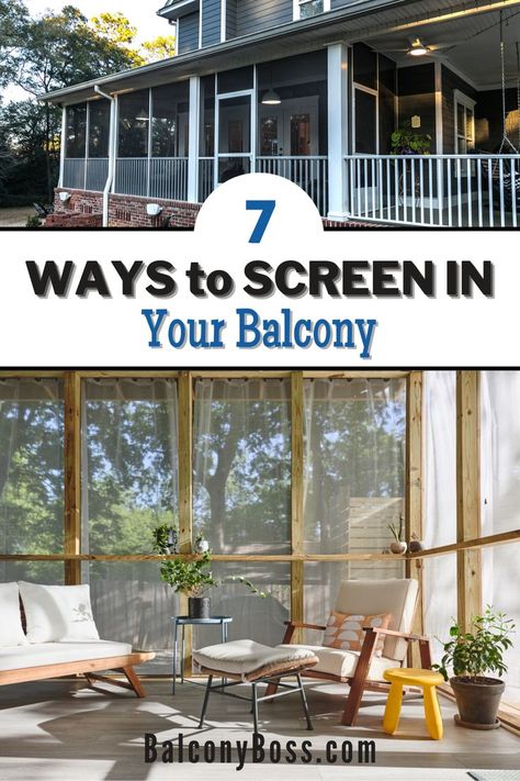 Click through to the blog for 7 ways to screen in your balcony on a budget! These DIY home improvement hacks will give enclose your balcony so you can use it year round. Inside you'll learn why you should use a balcony screen, the best ways to make an enclosed balcony, and how to do it on a budget! All the details inside. Balcony Hacks, Balcony On A Budget, Enclosed Balcony Ideas, Porch On A Budget, Diy Home Improvement Hacks, Apartment Porch, Screen Porch Ideas, Enclosed Balcony, Balcony Screen