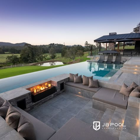 Fire Pit In Pool, Fire Pit Near Pool, Fire Feature Pool, Sunken Fire Pit, Raised Pools, Tamborine Mountain, Sunken Fire Pits, Geometric Pool, Pool Inspiration