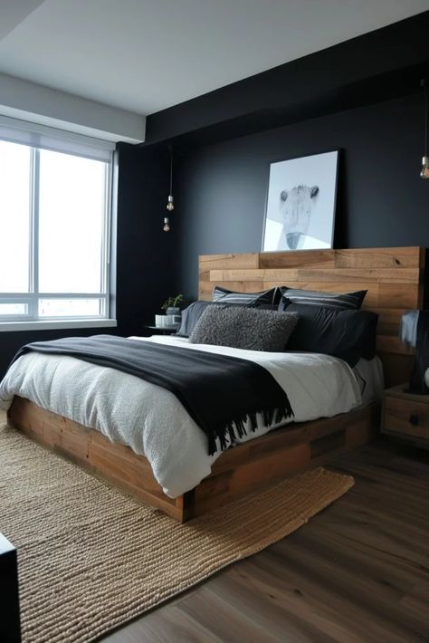 25 Bold Black Accent Wall Bedroom Ideas to Upgrade Your Space - Roomy Retreat Grey Wall Bedroom Ideas, Bedroom Black Accent Wall, Black Accent Wall Bedroom Ideas, Dark Accent Wall Bedroom, Black Wall Bedroom Ideas, Boys Modern Bedroom, Accent Wall Bedroom Ideas, Black Accent Wall Bedroom, Dark Modern Interior