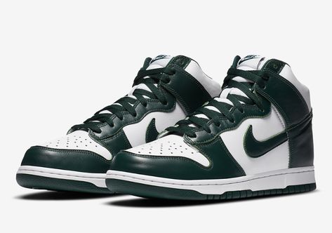 Nike Dunk High Spartan Green, Dunk High Spartan Green, Nike Sb Dunk High, Sb Dunk High, Nike Snkrs, Jordan 11 Retro Low, Nike Models, Michigan State Spartans, Green Sneakers