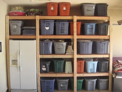 Built Garage Shelves; love the way the refrigerator is nestled in there  all the labeled storage bins neat  tidy! Rifacimento Garage, Garage Organizing, Garage Shelves, Garage Storage Shelves, Garage Storage Ideas, Garage Organize, Basement Storage, Garage Shed, Garage Shelf