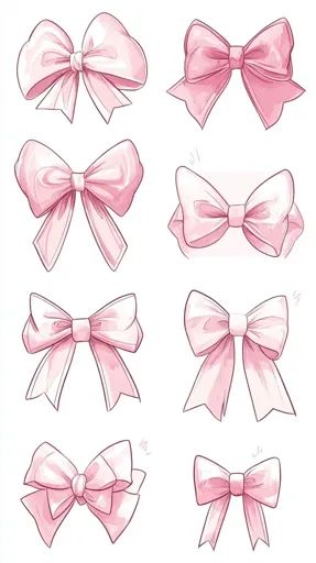 ↑↑↑ Larger size on website 🔸 The image shows eight different variations of pink bows. They are all drawn in a simple, stylized ma Pink Flowers Drawing Simple, Cute Bows Drawing, Bow Drawing Simple, Bow Drawing Reference, Cute Bow Drawing, Pink Bow Drawing, How To Draw A Bow, How To Draw Bows, Bow Reference