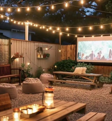 Patio And Backyard Ideas, Active Backyard Ideas, String Lights Backyard Ideas, Porch Nook Ideas, Light In Backyard, Tiny House Patio Outdoor Spaces, Backyard Light Ideas, Small Backyard Projects, Patio Decorating Ideas With Pool