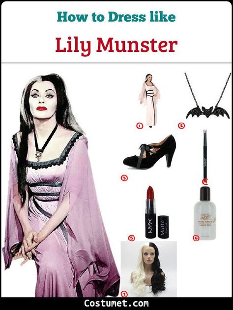 Lillian Munster Costume, Munsters Family Costumes, Diy Lily Munster Costume, Lily Munster Aesthetic, Munsters Halloween Costume, Herman And Lily Munster Costumes, Lilly Munster Makeup, Lily Munster Costume Diy, Lilly Munster Costume