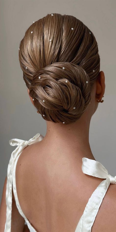 chic updos, updos, updo hairstyle, cute updo, simple updo, chignon, high updo Low Bun With Pearls, Bun With Pearls, Updo Simple, Spanish Hair, Enchanting Hairstyles, Sleek Low Bun, Sleek Hairstyle, Updo Chignon, Hairstyle Cute