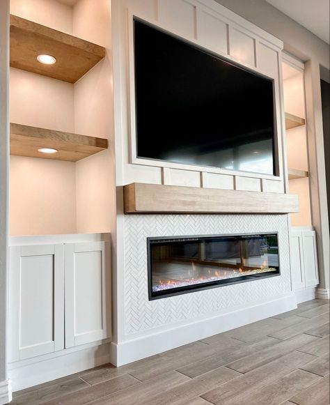 Home Decor Closet, Decor Closet, Basement Fireplace, Closet Art, Built In Shelves Living Room, Living Room Built Ins, Basement Living Rooms, Fireplace Built Ins, Living Room Decor Fireplace