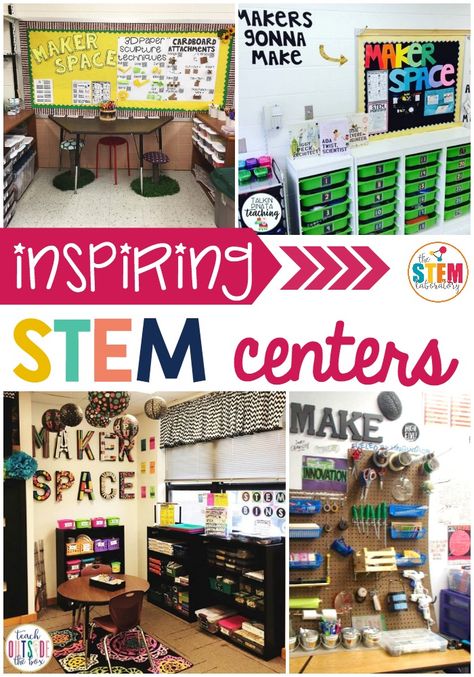 When it comes to setting up your STEM (science, technology, engineering and math) center, picking the perfect spot can make or break it. If you want to do it right, you need to be sure to have plenty of space for students to work AND enough room to store all of your supplies! So, to help you start brainstorming the perfect set-up for YOUR unique classroom, I've gathered some of my favorite STEM works spaces and  some inspiring storage ideas too. #stemcenters #makerspace #classroomdecor Steam Lab Classroom, Steam Center In Classroom, Math Science Classroom Setup, Stem Sign Classroom, Steam Lab Elementary Decor, Science Centers Elementary, Science Lab Classroom Design, Stem Areas In Classroom, Stem Centers Elementary