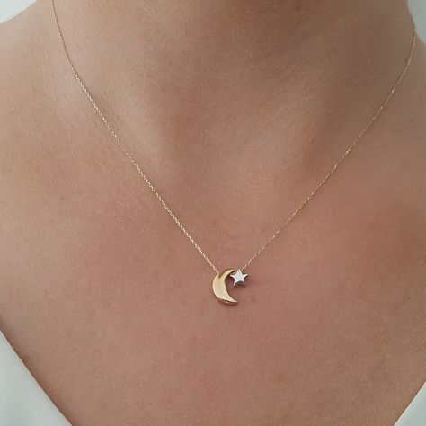 Solid Gold Moon Star Necklace, Minimalist Crescent Star Necklace, Star Crescent Necklace For Mothers Day Gift, Jewelry For Christmas Gift This necklace is handmade and produced with 10k 14k 18k solid gold according to your preference. Gold Color : Yellow Gold, White Gold, Rose Gold Pendant Size: Height : 0.39 inches ( 10 mm ) Width : 0.35 inches ( 9 mm ) We have 3 Types solid gold chain options: Type1 Chain (0.85mm thick) Type2 Chain (0.97mm thick) Type3 Chain (1.30mm thick) We use lobster claps Moon And Star Pendant, Cotton Dress Indian, Jewelry For Christmas, Moon Star Necklace, Star And Moon Necklace, Necklace Star, Crescent Necklace, Moon Pendant Necklace, Dress Indian