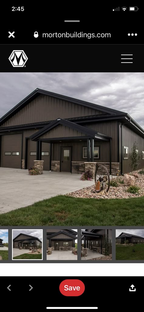 Tan And Black Metal Shop, Metal Shop Color Schemes, Grey And Black Metal Building, Burnished Slate Metal Building With Black Trim, Charcoal Grey Metal Building, Steel Building Color Combinations, Metal Building Exterior Colors Schemes, Burnished Slate Metal Siding, Charcoal Metal Building