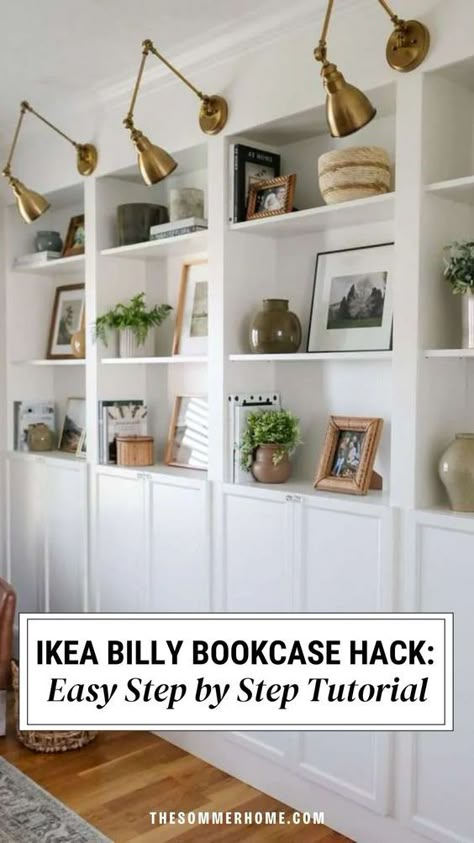 Discover the ultimate IKEA Billy bookcase hack for creating built-ins in your living room. Explore innovative shelving ideas and transform your space with this Billie IKEA hack. Get inspired by IKEA Billy bookcase hacks that offer both storage and style solutions. Upgrade your home effortlessly with this versatile and practical hack. Ikea Billy Bookcase Hack Trim, Billy Bookcase Extension, Billy Built In Bookcase, Billy Bookcase Living Room, Ikea Built In Shelves, Ikea Hacks Bookshelves, Built In Billy Bookcase, Billy Bookcase Built In, Billy Bookcase Styling