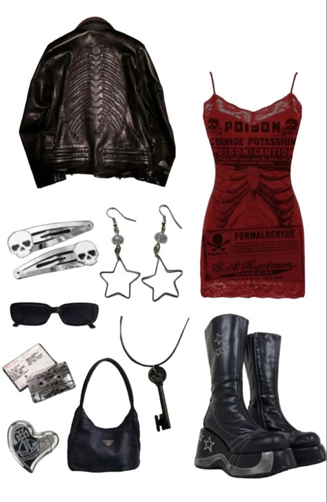 Villain Era Outfits, Rock And Roll Outfits Women, Gig Outfit Ideas, Rockstar Gf Outfit, Rockstar Aesthetic Outfits, 1990 Style, Rock Star Outfit, Red And Black Outfits, Rockstar Style