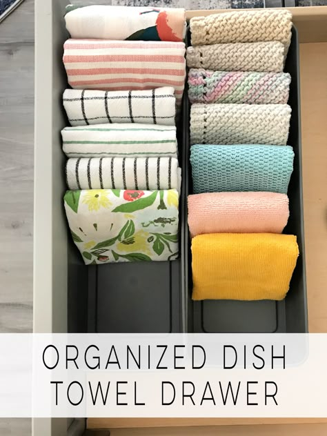 Kitchen Towel Storage Ideas Drawers, Storing Dish Towels, Towel Storage Kitchen, Organize Paper Towels, Sheet And Towel Organization, How To Organize Kitchen Towels, Organizing Kitchen Towels, How To Organize Dish Towels, Where To Hide Paper Towels In Kitchen