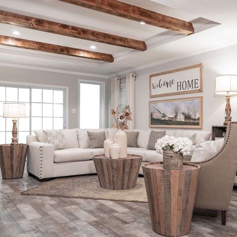 Champion Homes on Instagram: “Our favorite part of the Ridgecrest LE 6012?! The tray ceiling wood beams! . . . . . #wood #beam #ceiling #living #livingroom #interior…” Beams In Tray Ceiling, Tray Ceiling Wood, Tray Ceiling With Beams, Ceiling Wood Beams, Tray Ceiling Ideas, Ceiling Beams Living Room, Beams Living Room, Ceiling Wood, Modular Home Builders